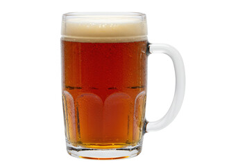 Isolated glass mug of dark ale with thick foam head against clean background, drink refreshment