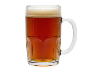 Isolated glass mug of dark ale with thick foam head against clean background, drink refreshment