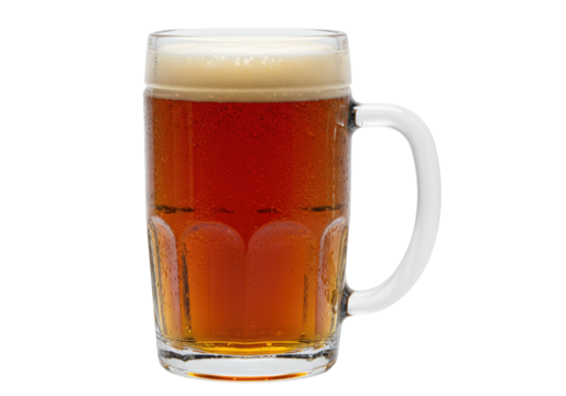 Isolated glass mug of dark ale with thick foam head against clean background, drink refreshment