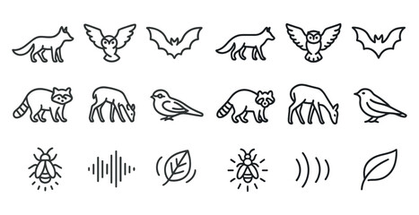 Naklejka premium Wildlife silhouette icons set – outline, flat, animal and nature symbols