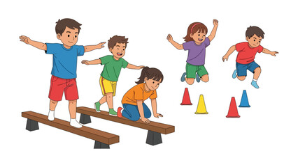Active Kids at Play: A group of active children navigate an obstacle course, showcasing teamwork, balance, and joyful movement, capturing the essence of childhood adventure and camaraderie.