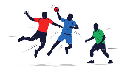 Handball Action: Capturing the dynamic energy of handball, three figures engage in a spirited game, their silhouettes conveying power, precision, and the thrill of competition.