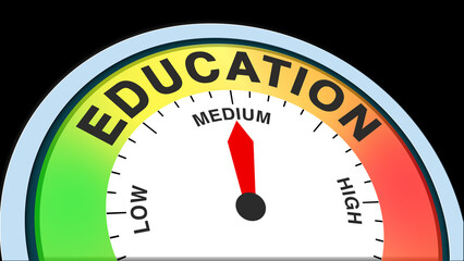 Education medium, text, word level concept illustration with barometer or tachometer meter on black background. Ideal for learning, academic, knowledge, and skill development visuals