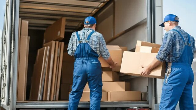 Two mover colleagues loading cardboard boxes into the delivery truck, Delivery service truck sending packages to customers, Professional delivery and moving service, Relocation service concept