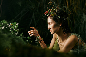 Young womans enchanting journey through a mystical, swampy forest of natures whimsy