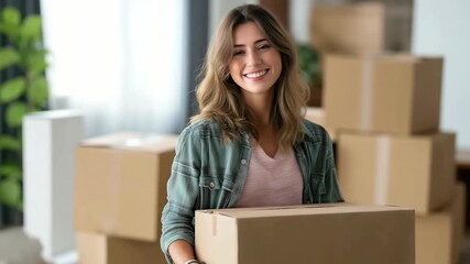 Happy young female holding cardboard box on moving day at new home. Relocation moving day, New home, First real estate property concept	