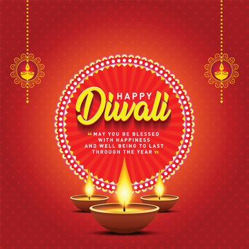 Happy Diwali Greetings Card Poster Design, Banner, Logo, Sticker, Concept, Template, Icon, Unit, Label, Web, Mnemonic with Lamps on festive red background. Indian Festival of Light and Fire - Vector
