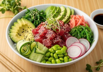 Fresh Ahi Tuna Poke Bowl with Avocado, Edamame & Seaweed Salad — Top View