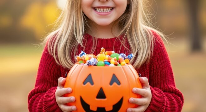 Happy child holding a jack-o'-lantern bucket filled with Halloween candy - Powered by Adobe