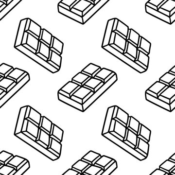 A minimalist vector pattern featuring isometric chocolate bars with bold black outlines on a clean white background, perfect for confectionery branding or sweet-themed designs.