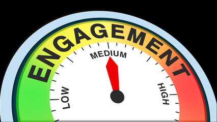 Engagement medium, text, word level concept illustration with barometer or tachometer meter on black background. Ideal for social media, marketing, interaction, and audience analytics visuals