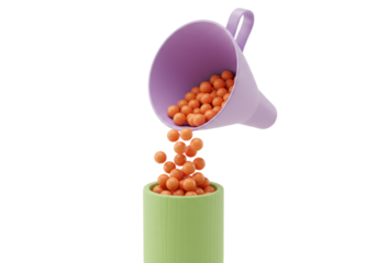 Isolated orange candy balls pouring from purple funnel into green container, no background