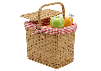 Isolated wicker picnic basket with lid, handle, red gingham liner, fruit, juice inside, ready