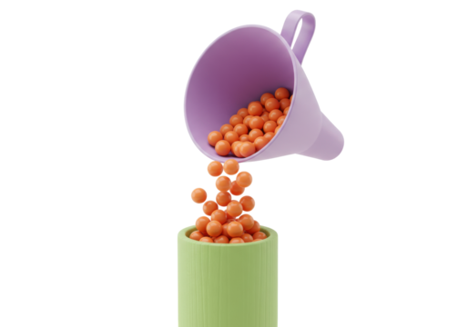 Isolated orange candy balls pouring from purple funnel into green container, no background