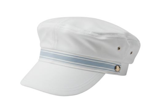 Isolated captain's hat headwear item, white and blue accessory for fashionable nautical dress