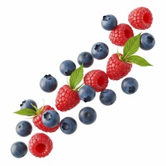 Fresh Raspberries and Blueberries Cascading Artistically on White Background Healthy Summer Berry Mix
