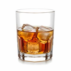 Refreshing Amber Bourbon Whiskey Cocktail with Ice Cubes in a Clear Glass on White Background Studio Shot