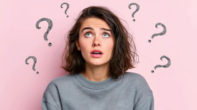 A confused woman standing with question marks above her head on a pink background. People emotions lifestyle concept	