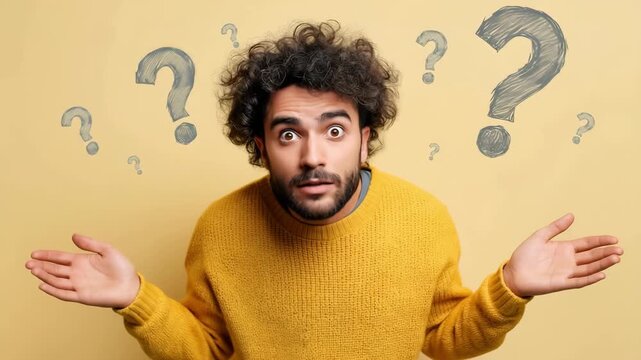 A confused man standing with question marks above his head on a yellow background. People emotions lifestyle concept	
