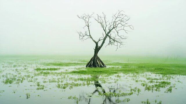 A solitary bare tree with exposed roots stands in a misty, flooded green marsh