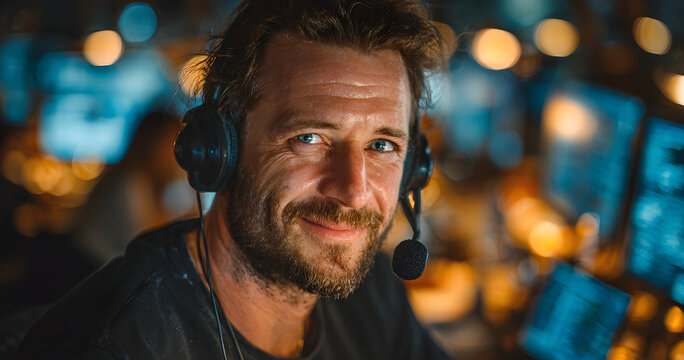 Mouth, telemarketing and man with mic, call center and communication with contact at night or sales. Working late, agent and person with tech for customer service, space and smile for consultation