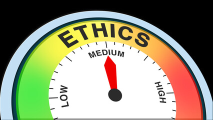 Ethics medium, text, word level concept illustration with barometer or tachometer meter on black background. Ideal for morality, values, behavior, and professional standards visuals