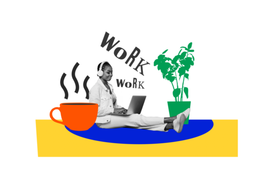 Composite photo collage of happy american girl type macbook device flower pot work home listen music coffee isolated on painted background - Powered by Adobe