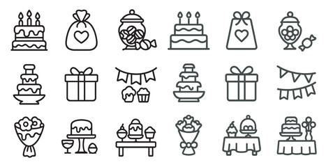 Wedding and celebration outline icons set &ndash; linear, festive, party symbols and gifts