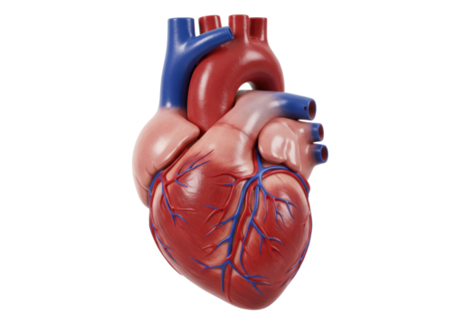 Isolated anatomical heart model against a neutral backdrop showing internal structures well