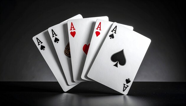 Poker Hand with Four Aces and King of Spades on Dark Background &ndash; High-Stakes Gambling Concept with Playing Cards