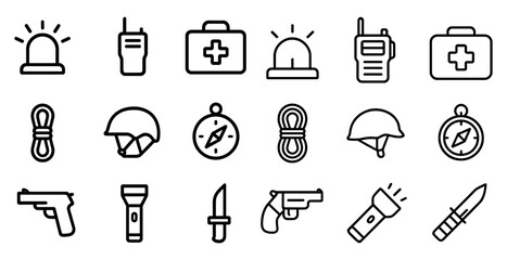 Emergency and safety outline icons set – linear, line, rescue and protection symbols