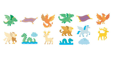 Obraz premium Magical creatures icons set – flat, outline, mythical and fantasy symbols