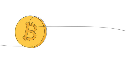 Minimalist line drawing of a golden bitcoin symbol inside a coin. Outline illustration for cryptocurrency, blockchain, digital finance, and virtual money design projects