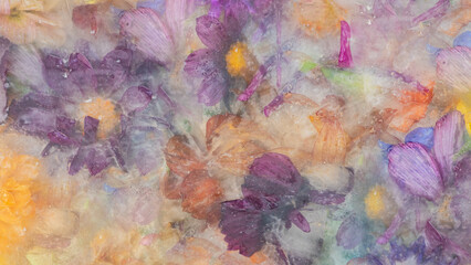 abstract photograph of flowers frozen (zinnia, cosmos, dahlia) in ice resulting in an ethereal, painting-like  abstract effect