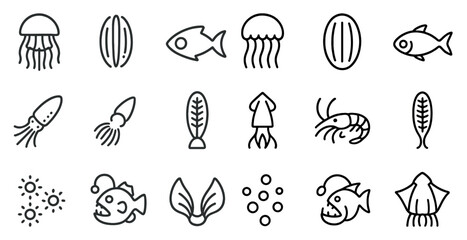 Marine life outline icons set &ndash; aquatic, ocean, sea creature symbols