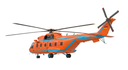 Isolated orange helicopter with blue stripes floating midair on an invisible stand ready for rescue