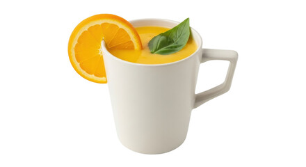 Isolated mug of orange smoothie with fresh orange slice for healthy eating concept.