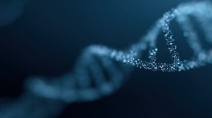 3D rendering of a DNA helix made of glowing, abstract particles on a dark blue background.