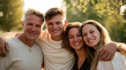 Portrait of happy family members, Adult father, mother and young daughter and son sibling embracing each other, looking at camera while standing at outdoors. Happy family concept	
