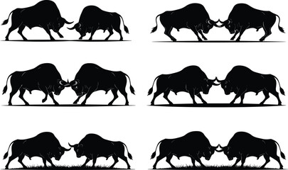 Bull fight silhouette vector, aggressive cattle illustration, horn clash artwork, black animal icon set, livestock battle graphic, wild strength design