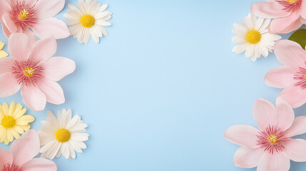 Fototapeta premium Pink flower white daisy yellow daisy blue background spring floral border nature blossom petal cheerful greeting card copy space fresh decorative botanical celebration pastel arrangement