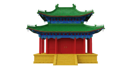 Isolated oriental-style palace architecture model with red columns, green roof and gold base
