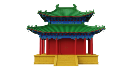 Isolated oriental-style palace architecture model with red columns, green roof and gold base