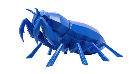Isolated blue plastic toy insect on display representing a mantis without a natural background