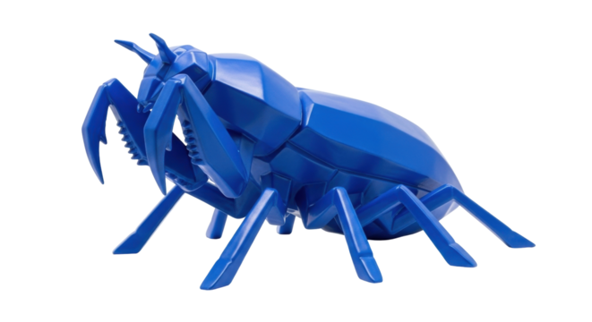 Isolated blue plastic toy insect on display representing a mantis without a natural background