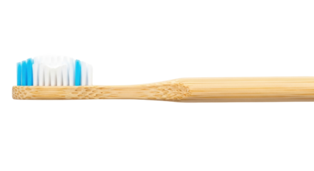 Isolated bamboo toothbrush with blue-and-white bristles, sustainable dental hygiene tool