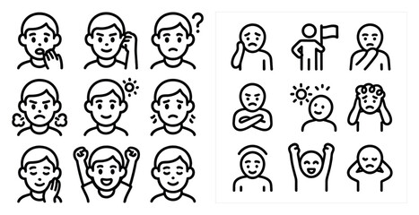Emotion and expression icons set – outline, linear, feelings and mood symbols