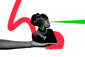 3d retro abstract creative artwork template collage of arm holding african lady isolated painting background