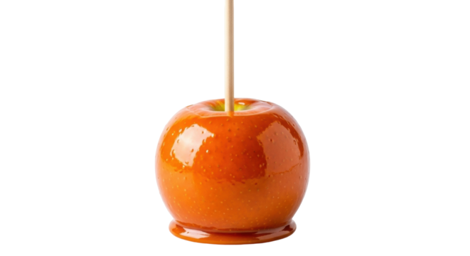 Isolated caramel apple with stick, a Halloween or autumn harvest season dessert treat