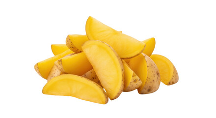 Isolated pile of raw potato wedges, unpeeled, ready for roasting or frying, for cooking